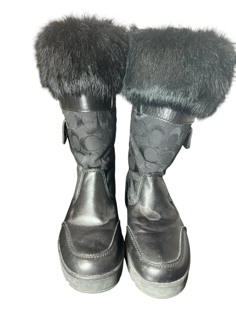 Coach Black Logo-Panel Fur Cuff Boots with Gold Turn-Lock